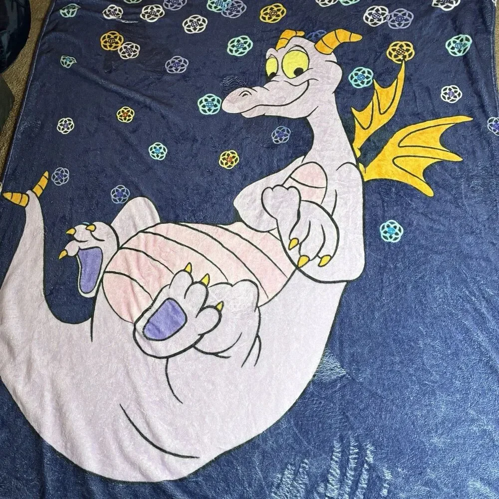 Disney Parks Figment Purple Dragon Print Soft Fleece Throw Blanket 80”x60” Rare